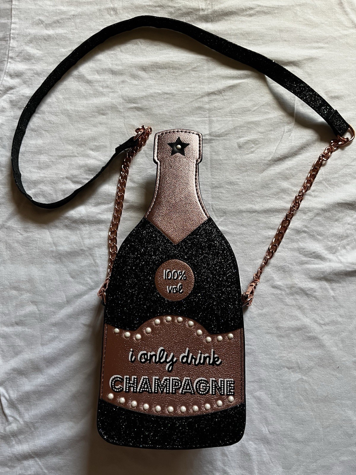 New Skinny Dip Champagne Bottle “I Only Drink Champagne” Crossbody Bag, Sparkly