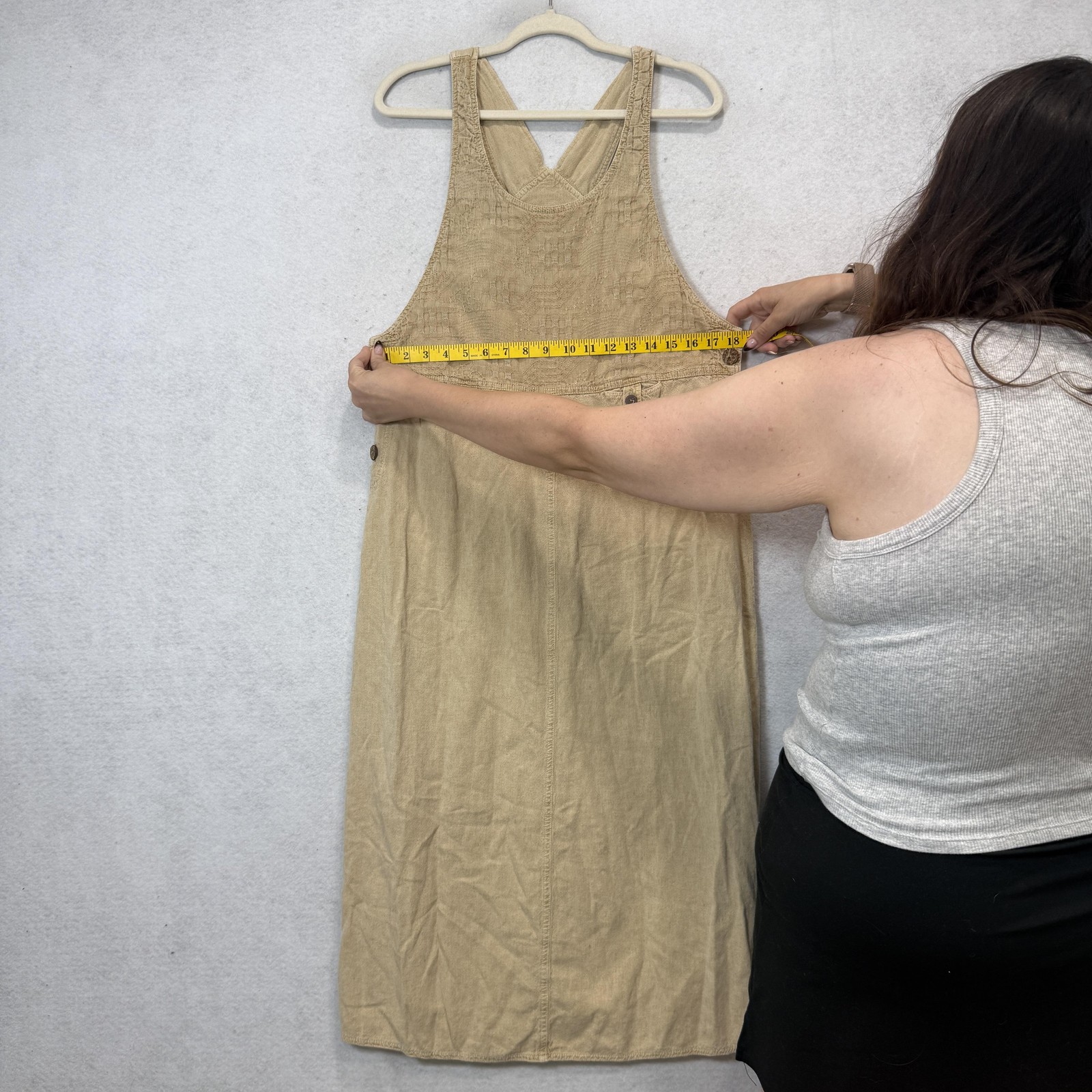 Nina Piccalino Overall Dress Womens Large Beige Square Neck Button Pockets Midi