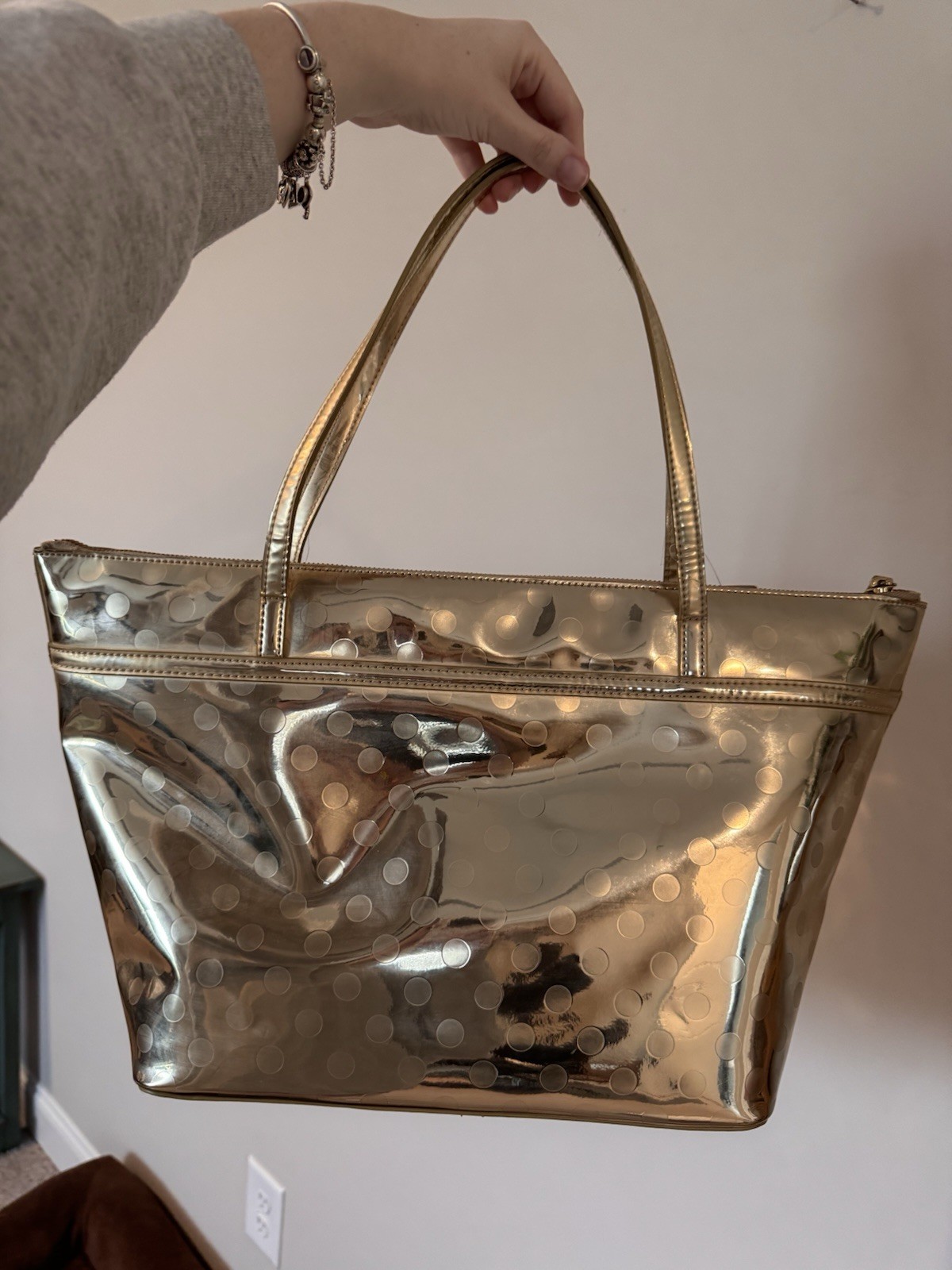 NWT Camellia Street Sophie Kate Spade NY Metallic Gold Polka Dot Large Tote Bag
