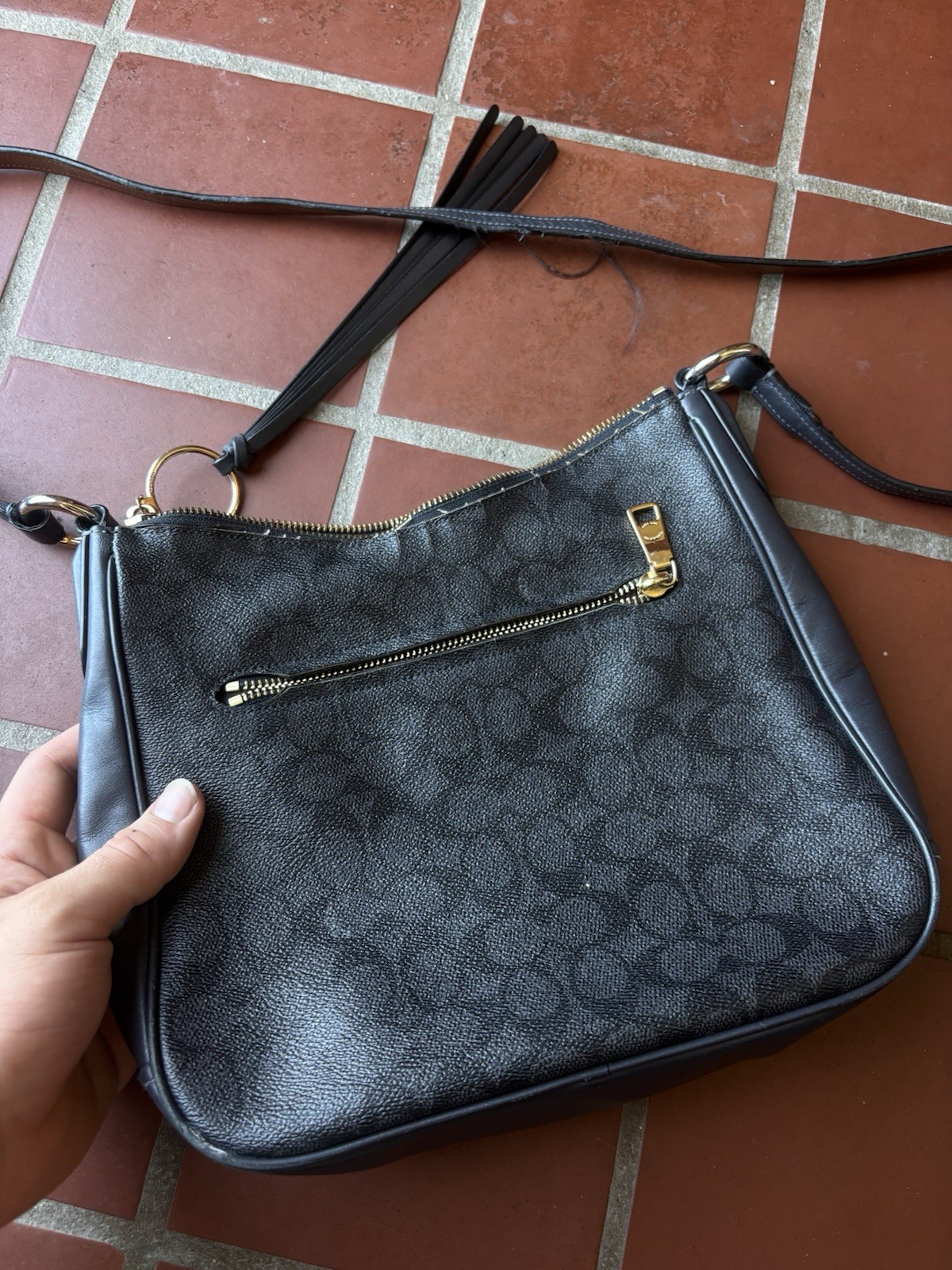 Coach Signature Black Small Crescent Crossbody Zip Tassel Detachable Strap