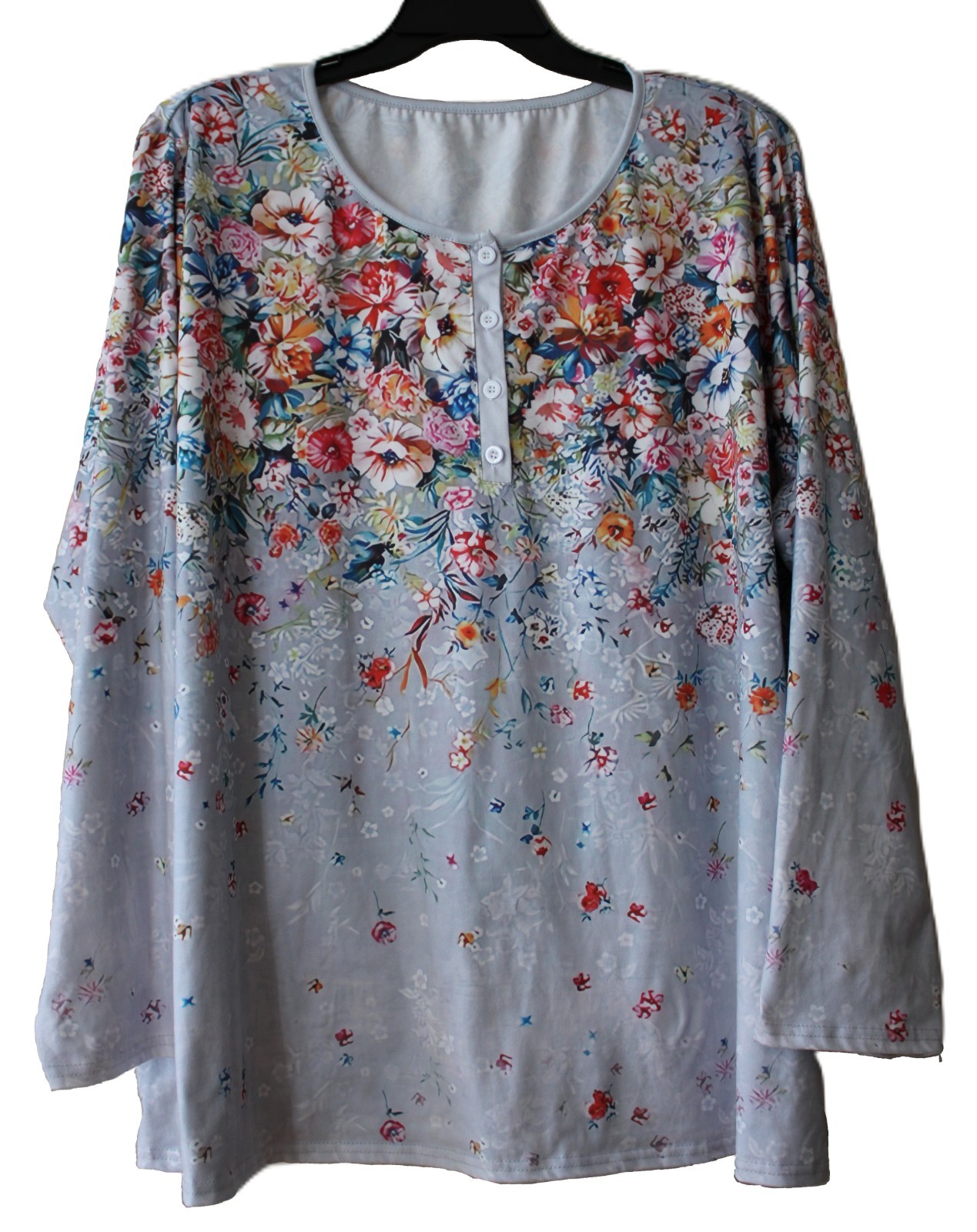 Gray Henley Top LS Colorful Cascading Floral Ombre Soft Stretch 3X No Tags