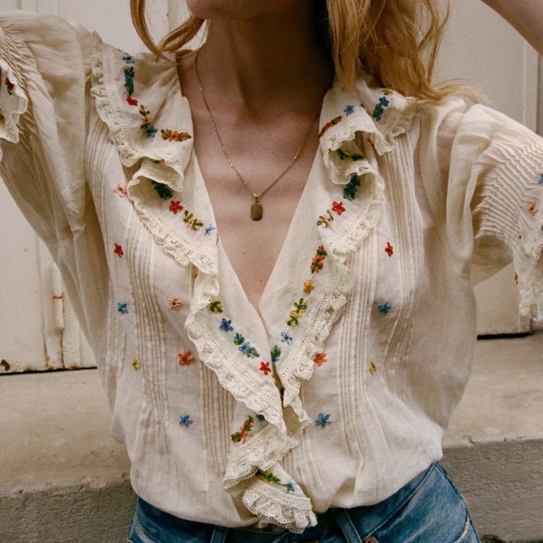 Women Doen Floral Ruffle Half Sleeve Loose Shirt Top