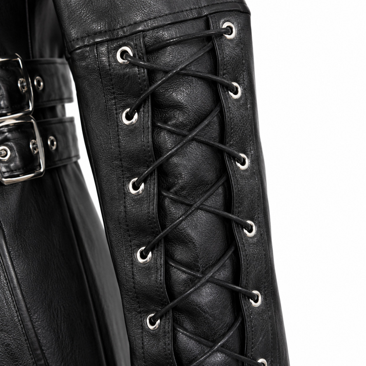 Mens Black Real Leather Gothic Trench Coat Steampunk Lace Up Sleeves Handmade