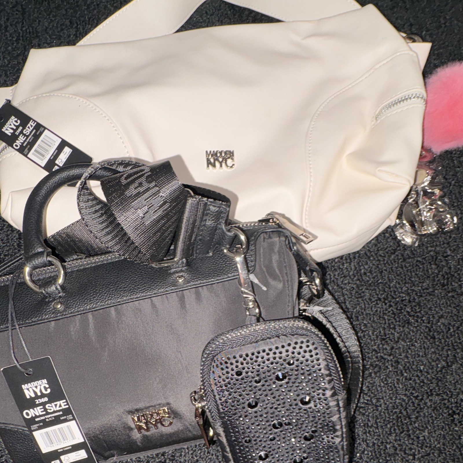 Madden NYC Black/White Satchel Top Handle Zip Crossbody Strap + Charm Pouch
