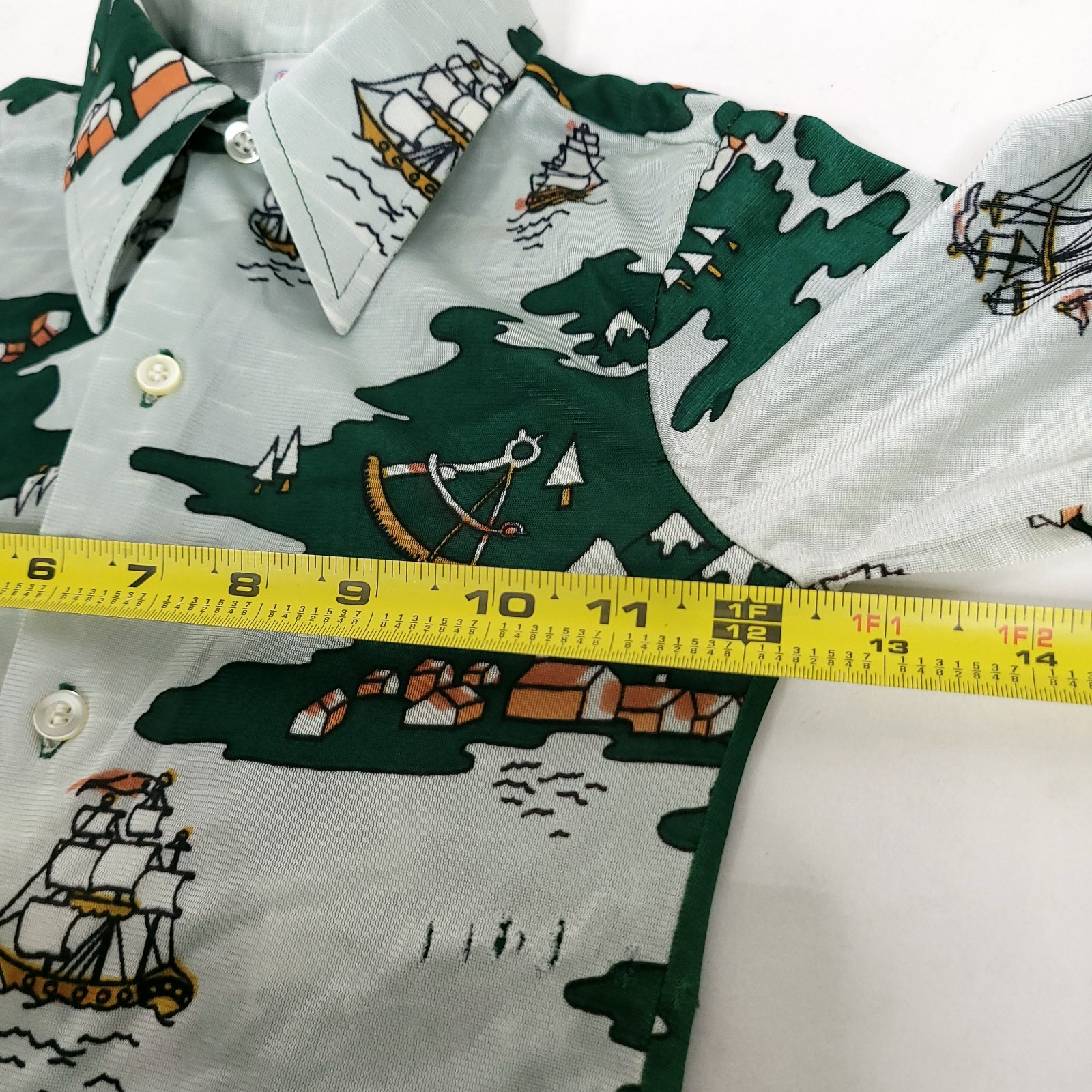 Vintage 70s Dixie Lad Girls Button Front Shirt 6 Green Boat Nautical Retro READ