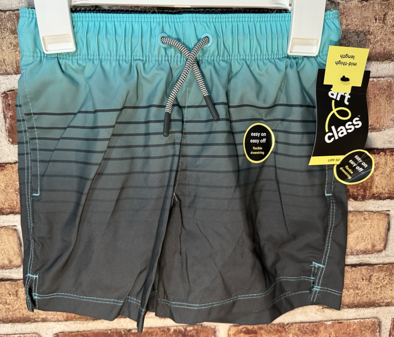 Art Class Boys S (6/7) Swim Trunks UPF 50 Drawstring Blue/Gray Striped Ombré