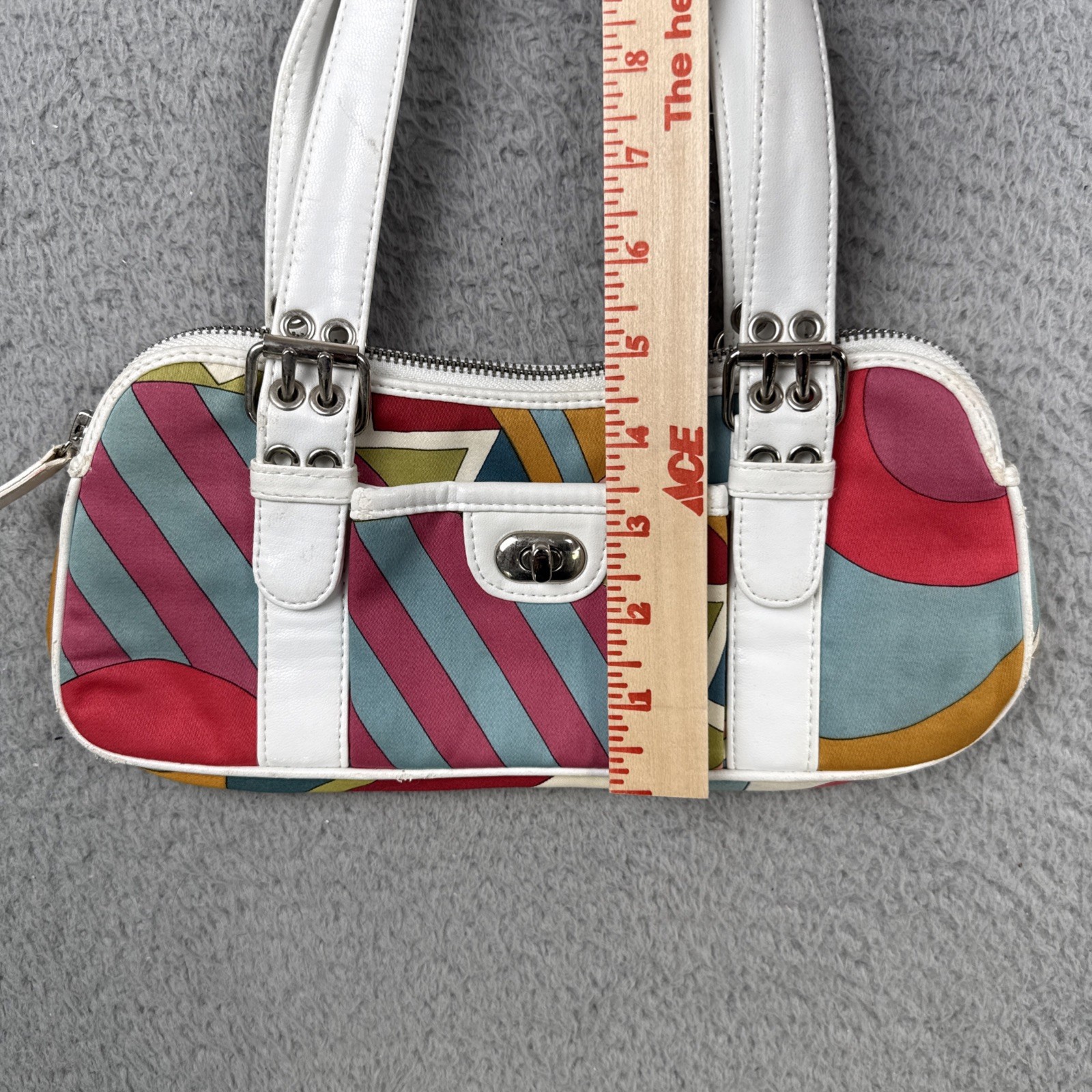 Isabella Fiore Silk Leather Handbag White MultiColor Geometric Y2K Purse 70s EOC