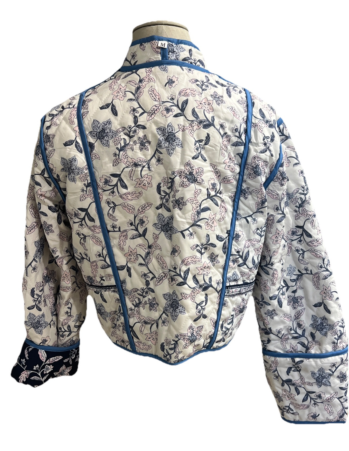 Reversible Quilted Jacket Cropped Sz MED* Navy Blue Floral Ivory/Pink