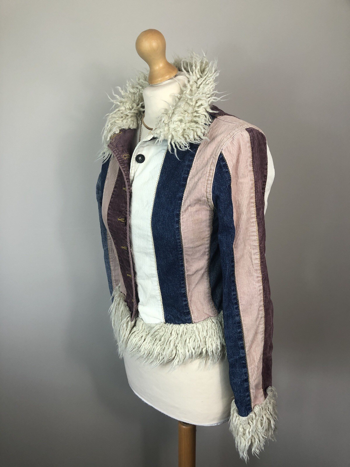 Miss Posh Denim Cord Striped short Penny Lane Afghan coat Jacket Size 8