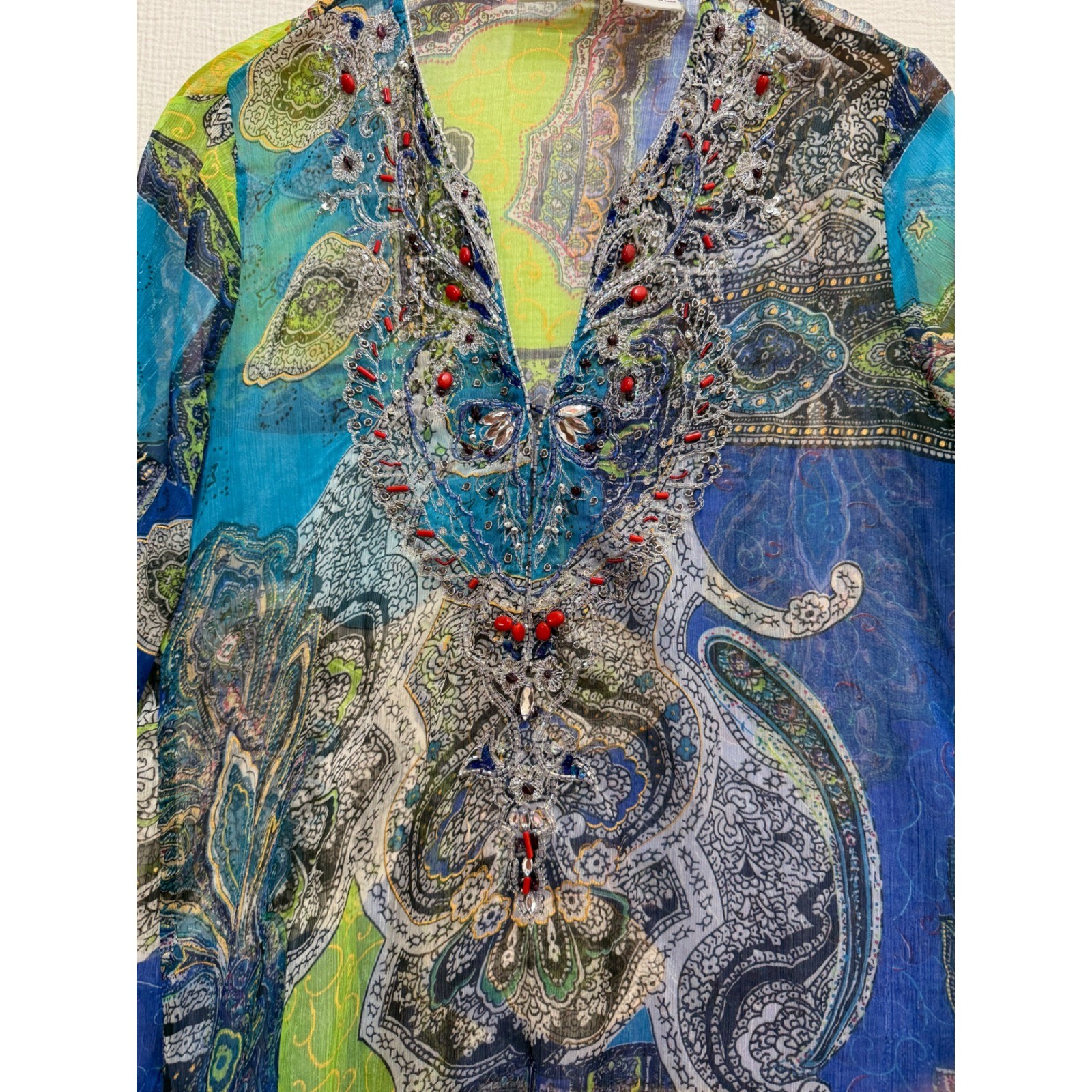 Bitter Apple Tunic Top Womens S/M Blue Paisley Beaded Sheer Boho V-Neck