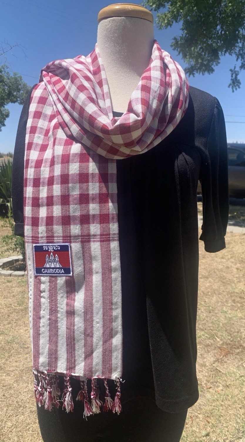 Krama 100% Cotton Handmade Khmer Maroon/White Scarf 64 x 24 Inches