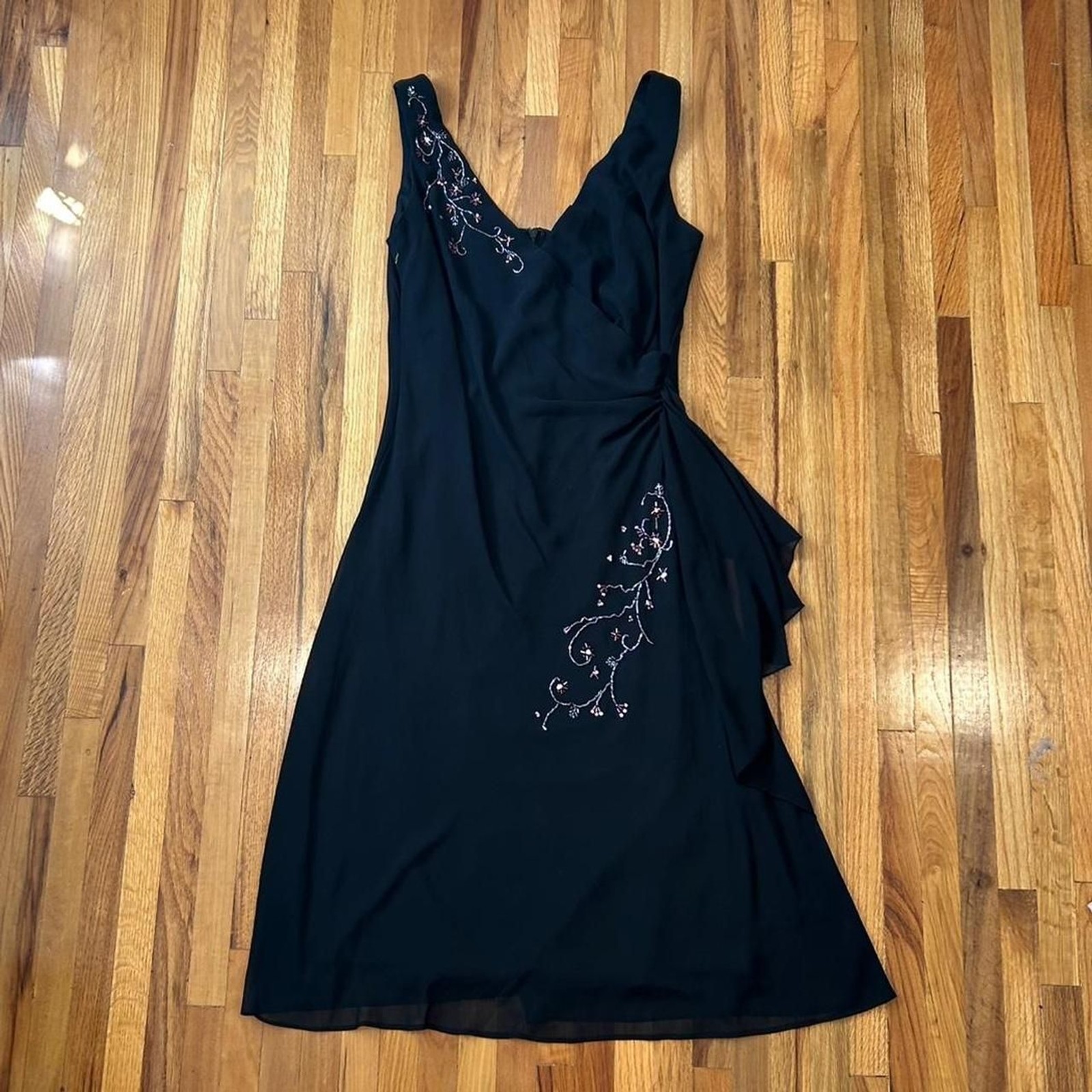 Alex Evenings Vintage Beaded Ruffle Black Maxi Dress Gown Size 10