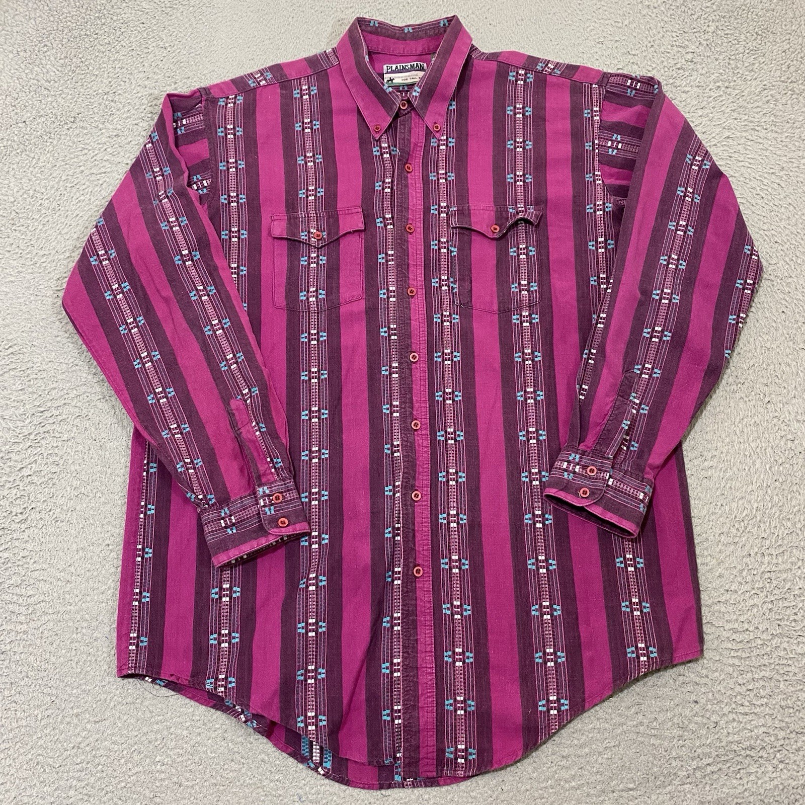 VTG Plainsman Shirt Mens XL Tall Colorful Western Striped Long Slv Button Down