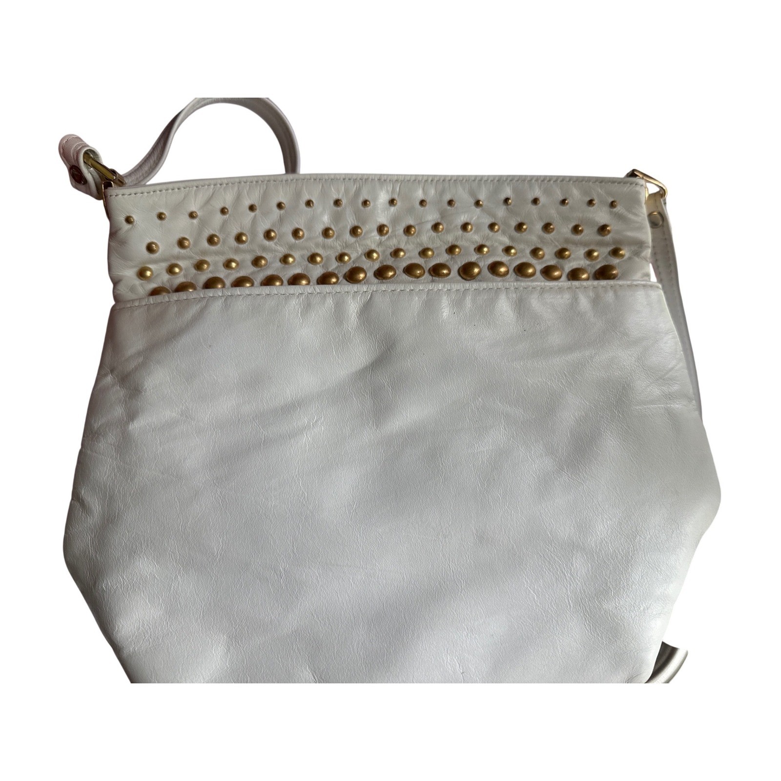 Valeries Genuine Leather White Studded Crossbody Bag Made in USA Gold Hardware