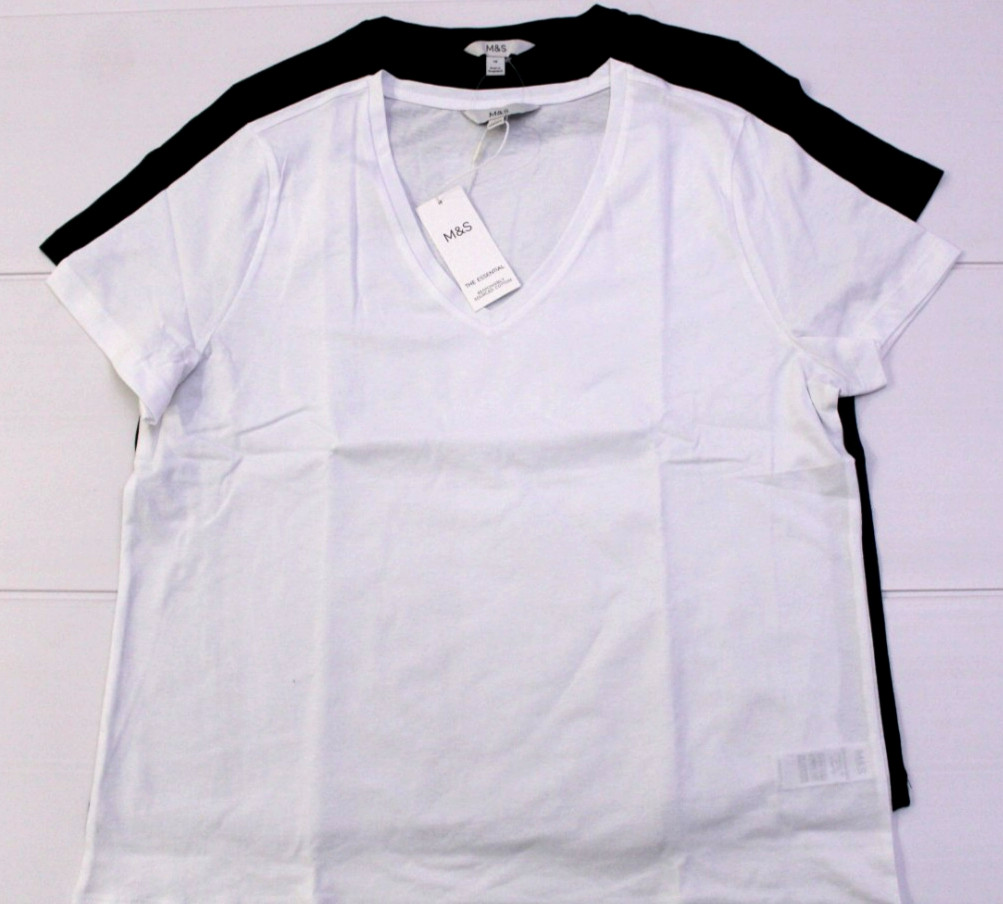 M & S Ladies 2 Pack Short Sleeve V Neck Tops T-Shirt ~ Black/White ~ Size 14