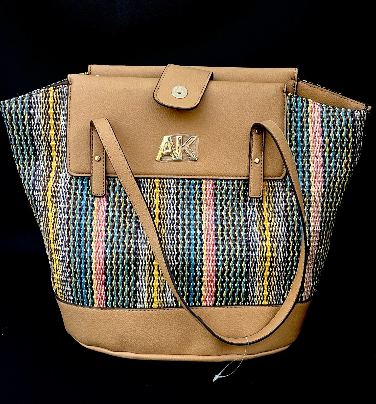 NEW Anne Klein Large Woven Multicolor Camel Curved Tote with Pouch 12.5 x 16 in.