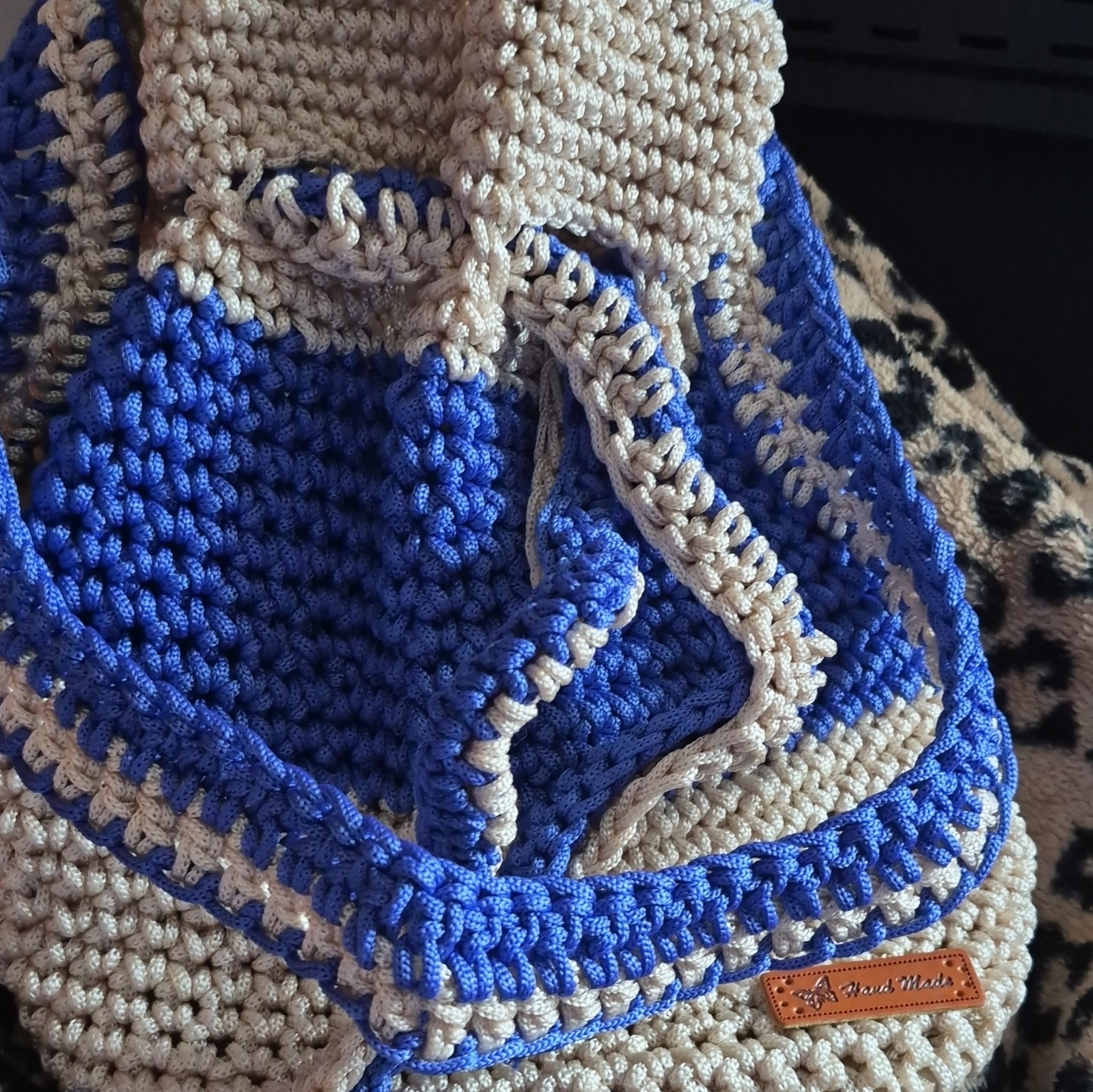 Handmade Colorblock Crochet Bucket Drawstring Bag, Blue/Beige, Strap