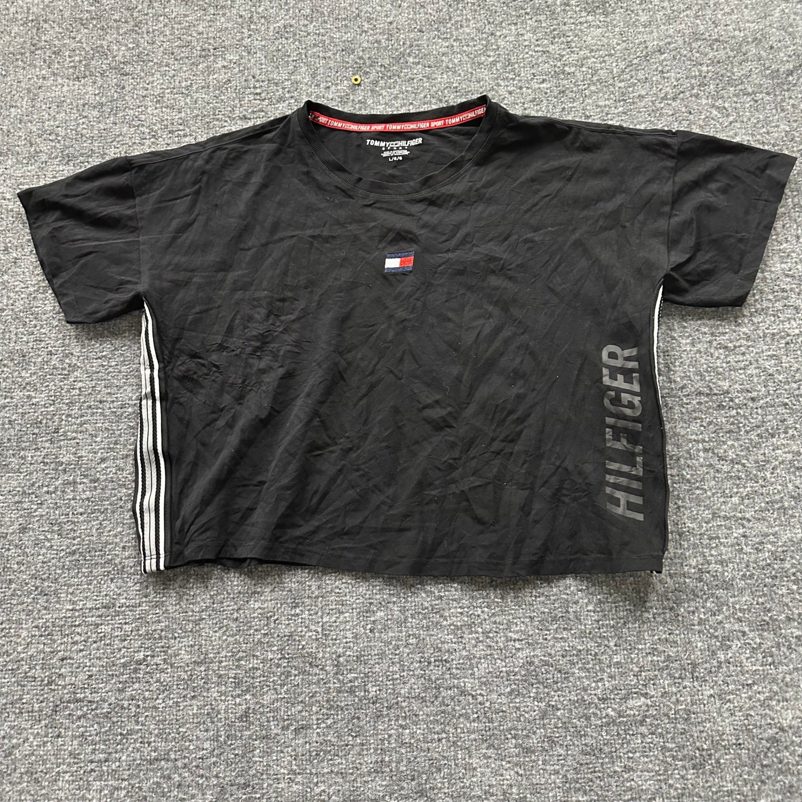 Tommy Hilfiger Sport T-Shirt Womens Size L Black Cropped Boxy Side Stripe Logo