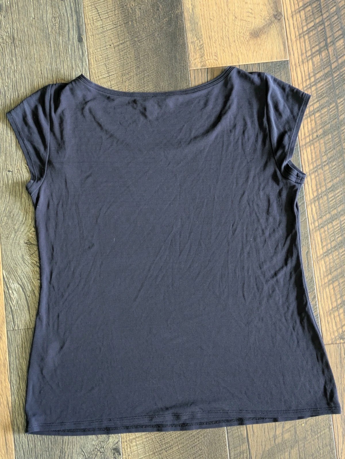 Eileen Fisher Petite 100% Silk Knit Tee Navy Cap Sleeve Top Scoop Neck PP