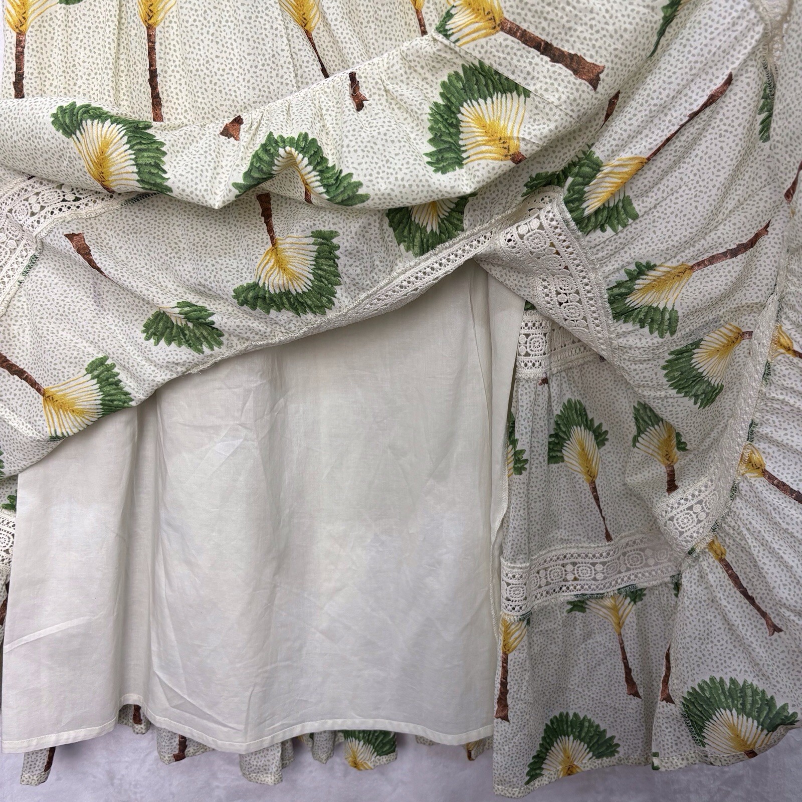 Calypso St Barth Palm Tree Crochet Tier Smocked Dress M Maxi Ruffle Tropical NEW