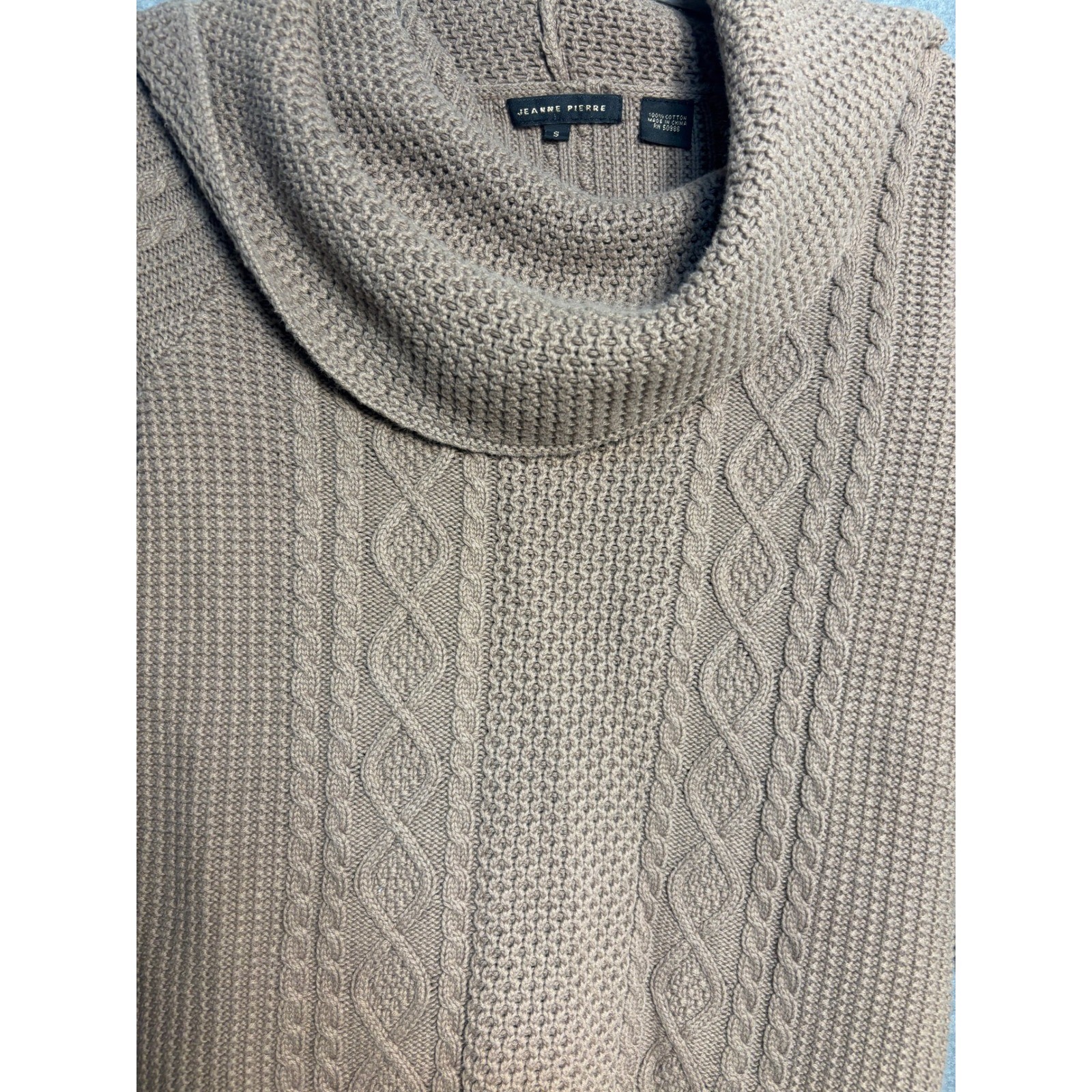 Jeanne Pierre Cable Knit Cowl Neck Sweater Tan Cotton Cozy Cottagecore