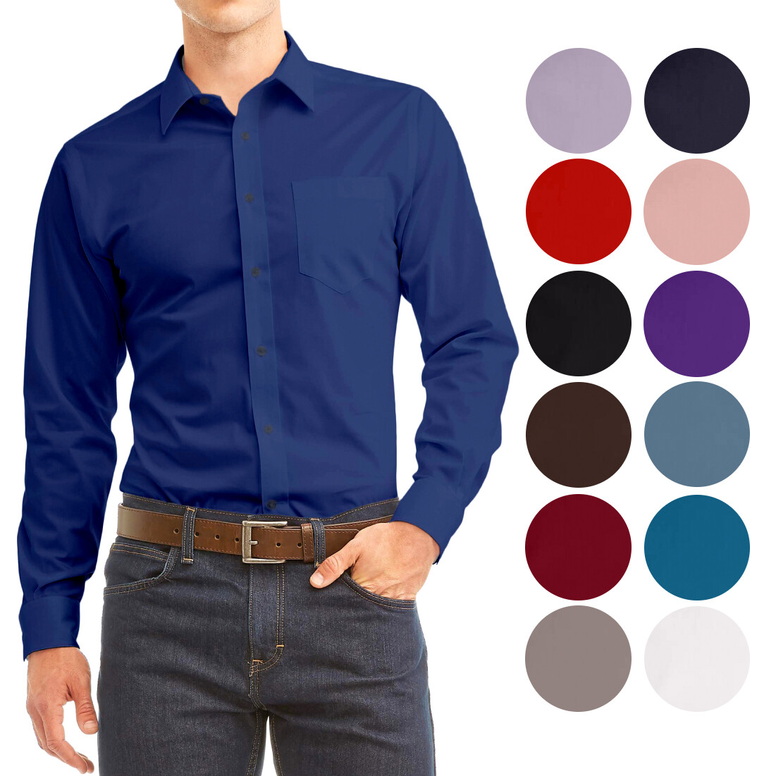 Men’s Long Sleeve Regular Fit Button Up Pocket Solid Standard Cuff Dress Shirt