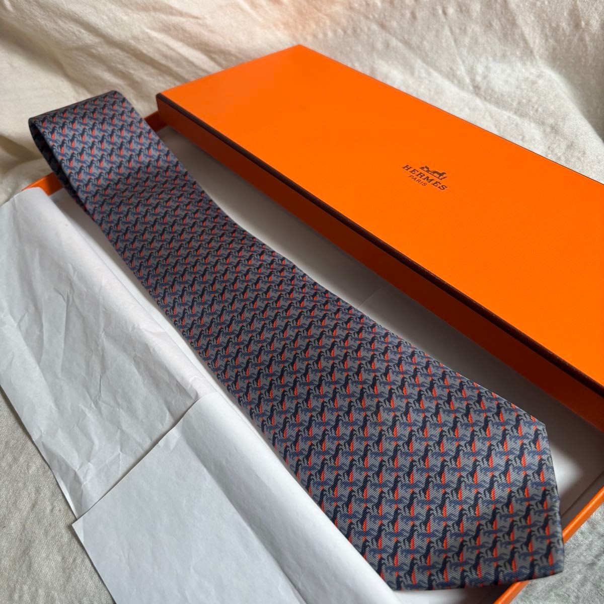 HERMES Tie High Quality Silk Gray Orange Horse Pattern 549084984
