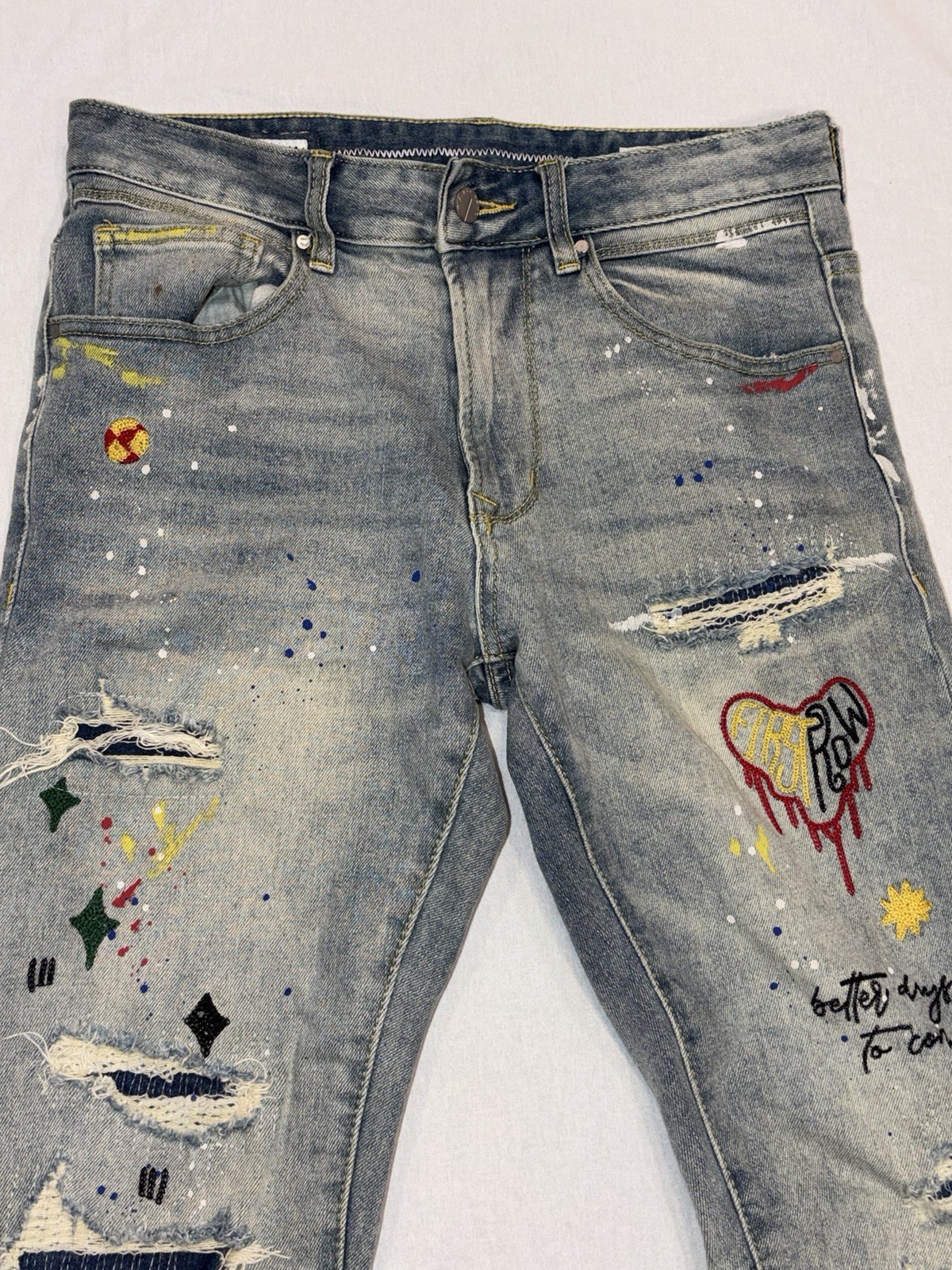 First Row Slim Straight Stretch Denim Jeans 30×32 Light Stone Tint Embroidered