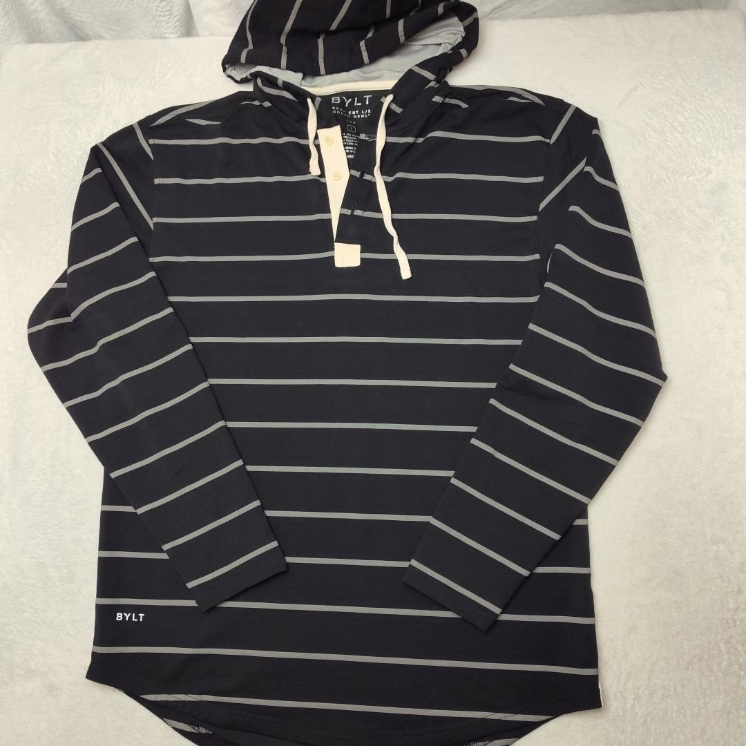 BYLT Hoodie Mens L Black Henley Hooded Pullover Striped Lux Tagless Stretch