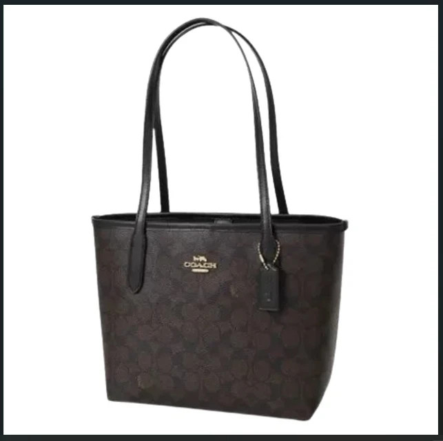 COACH CU759 Small City Tote Signature Coated Canvas Black Brown Outlet New