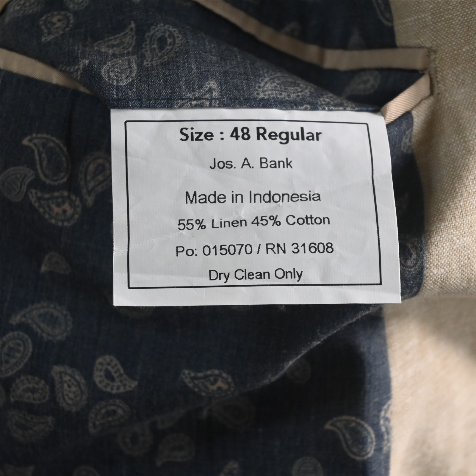 Jos A Bank 48R 40×26 Khaki Linen Slim Fit Mens Jacket Pants Suit