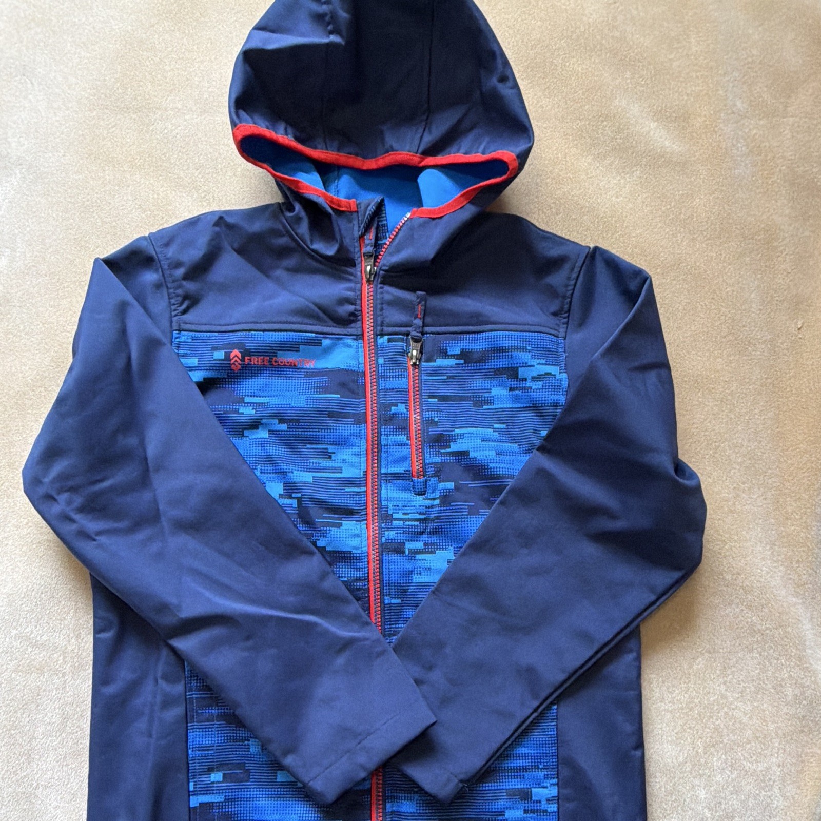 Free Country Boys Softshell Hooded Full Zip Jacket S Blue/Red Camo