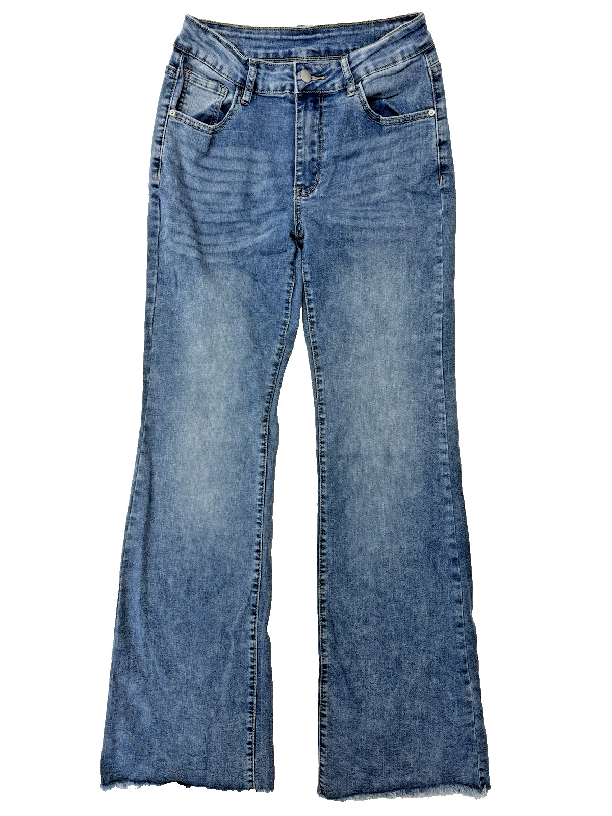 SHEIN Women’s Size 30 Medium Wash Flared Blue Jeans Frayed Hem Mid Rise EUC