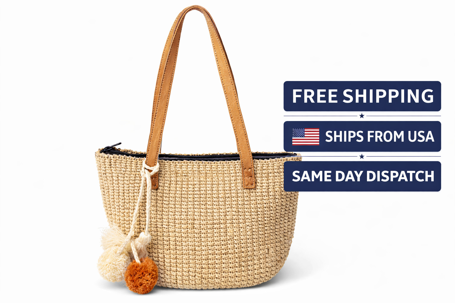 Womens Straw Tote Bag 12×9″ Leather Trim Summer Beach Shoulder Handbag 25″
