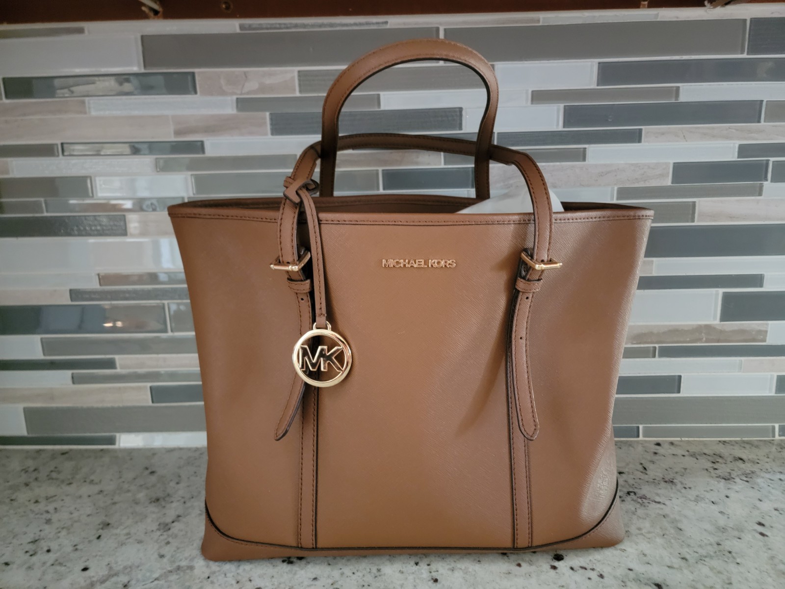 Michael Kors Jet Set Medium Saffiano Leather Top-Zip Tote Bag Brown Purse