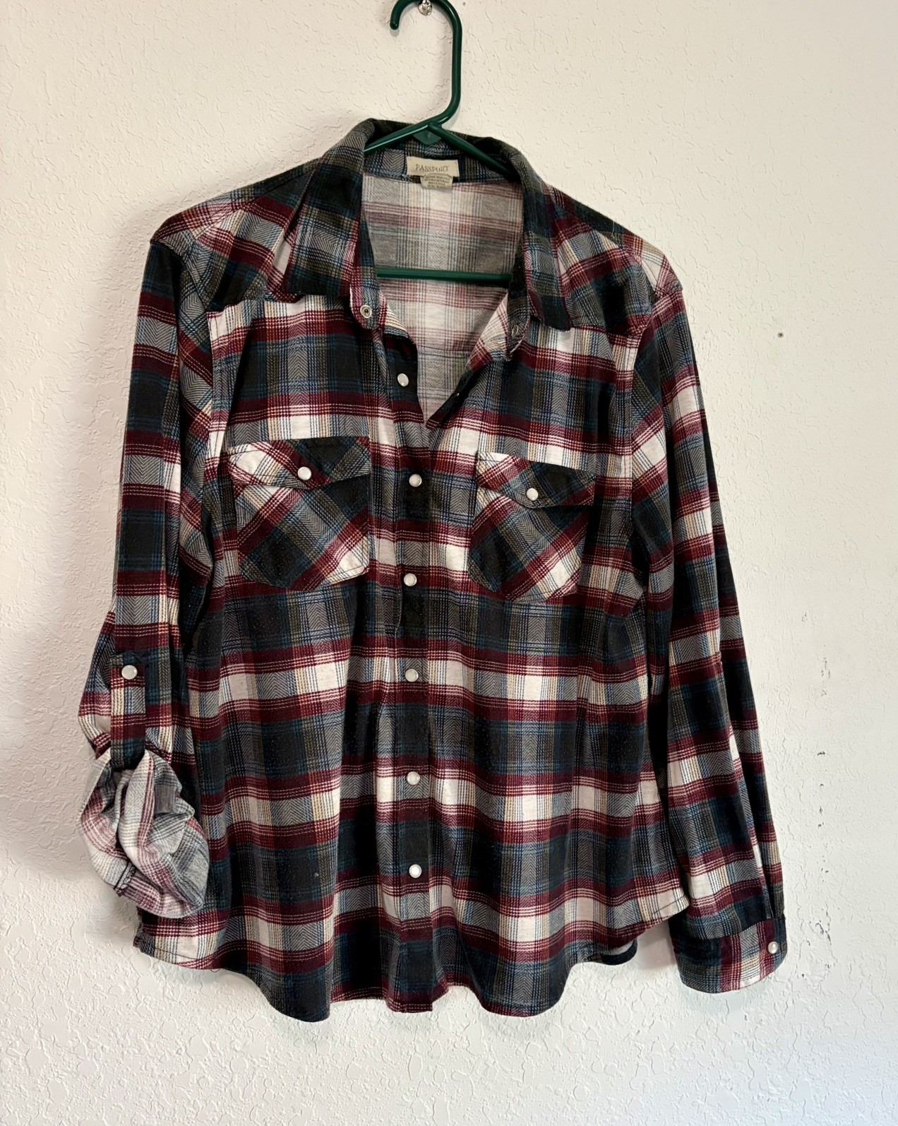 Passport Girlfriend Shirt 2X Pearl Snap Roll Tab Long Sleeve Flannel Blue Red