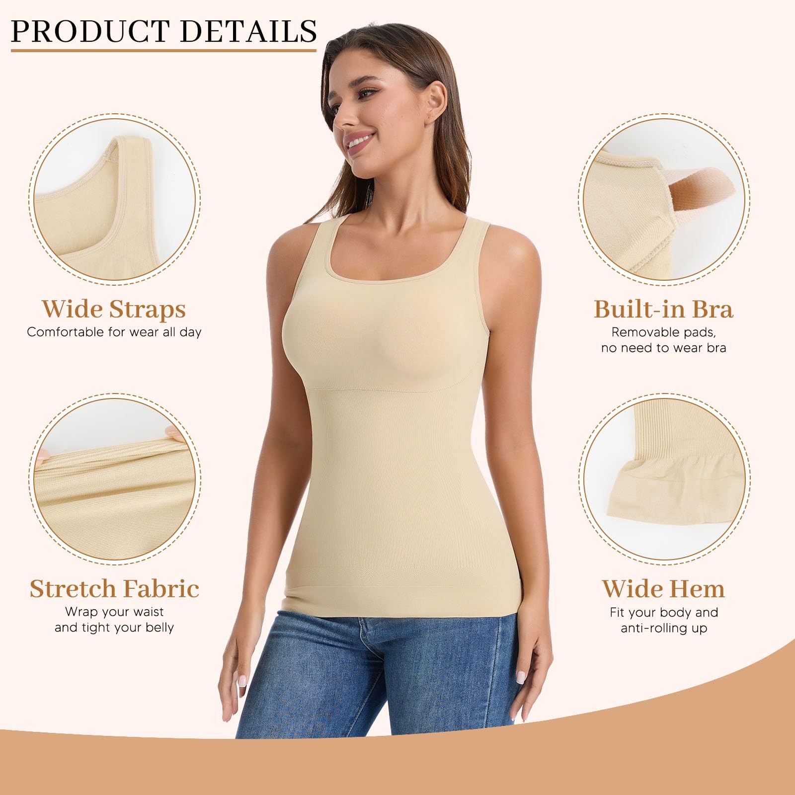 Women Square Neck Camisole Vest Built In Bra Tummy Control Slimming Body Shaper