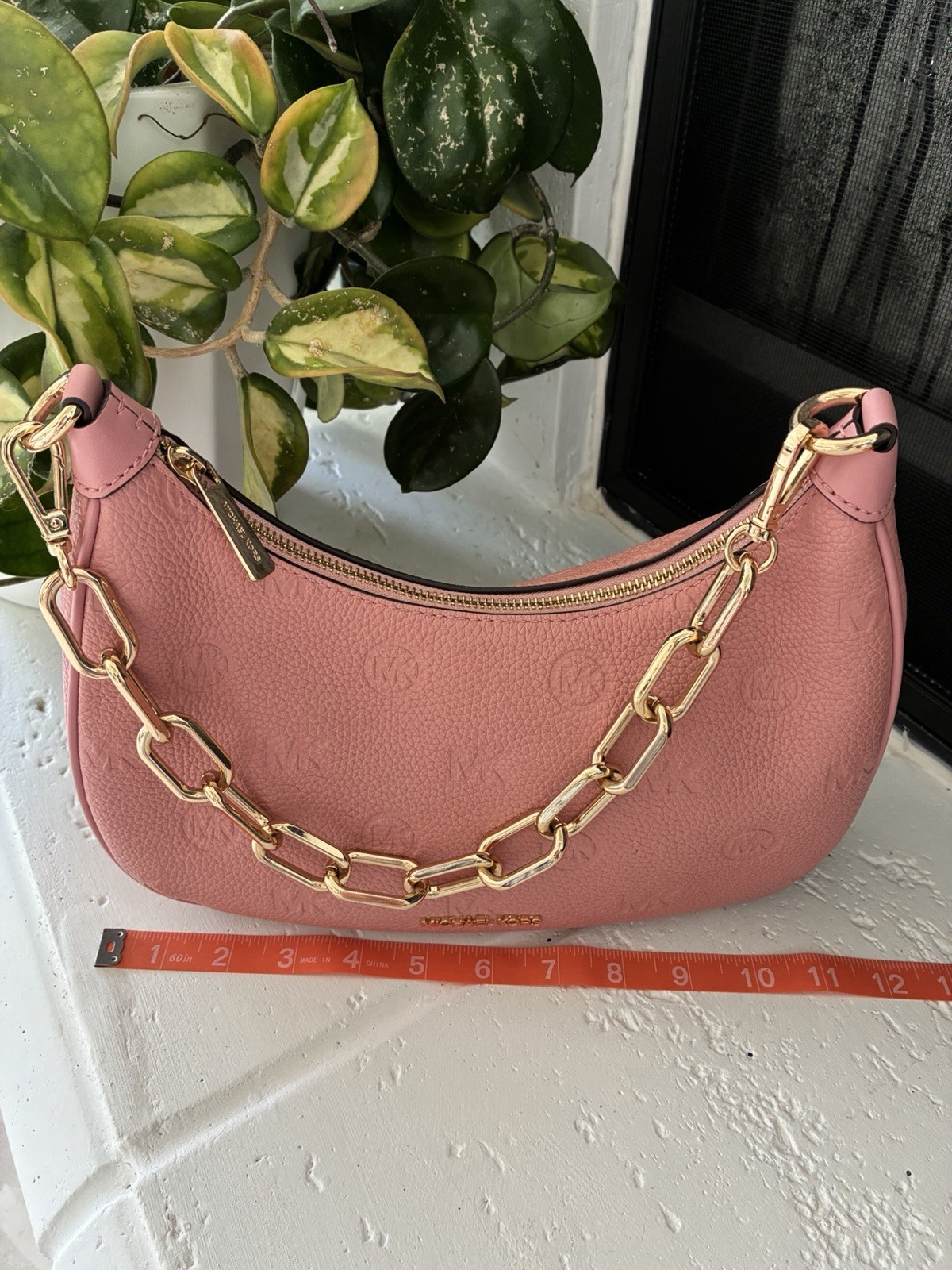 Michael Kors Pink Leather MK Embossed Gold Chain Shoulder Bag