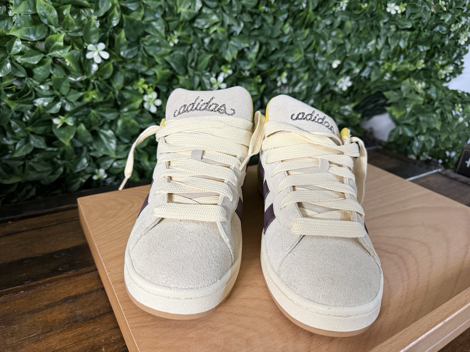 adidas Campus Suede Low Top Lace-Up Sneakers Beige/Yellow/Purple Rubber Sole