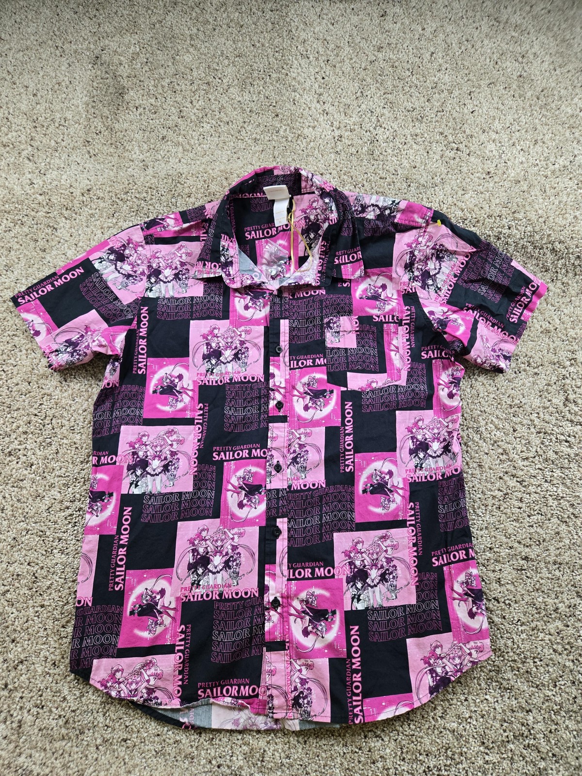 Sailor Moon Shirt Mens XL Pink Black Button Front Anime Graphic Hot Topic