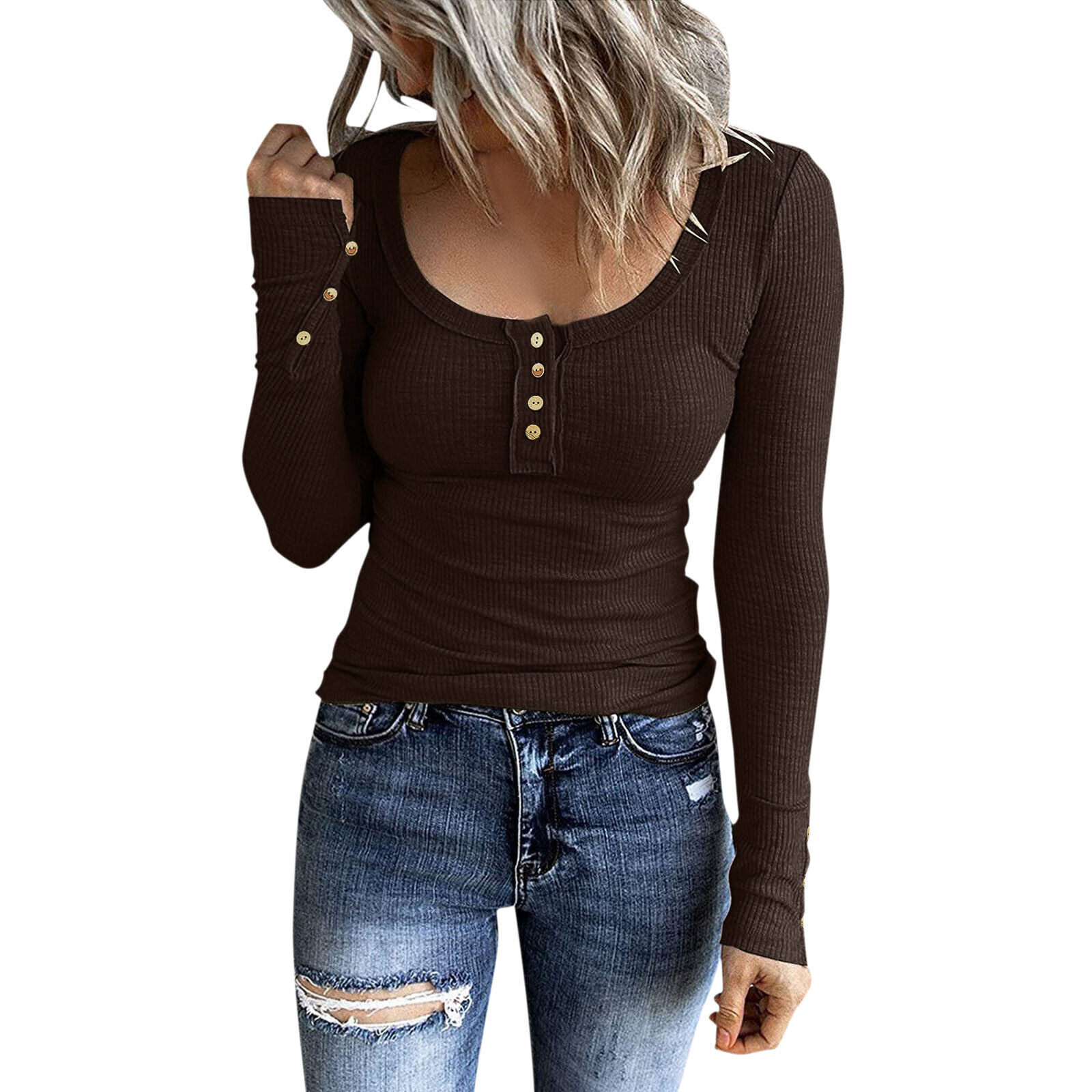 Lady Long Sleeve Henley T Shirt Button Slim Fit Top Scoop Neck Ribbed Knit Shirt