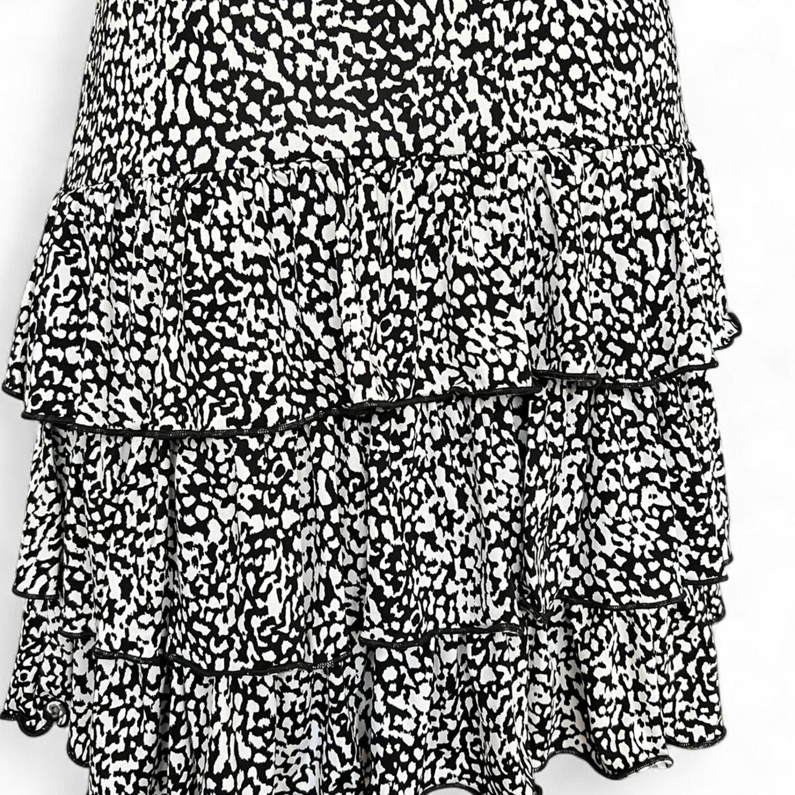 Morgan de Toi Y2K Black White Ruffle Mini Dres XS Ruched V Neck Tiered Skirt