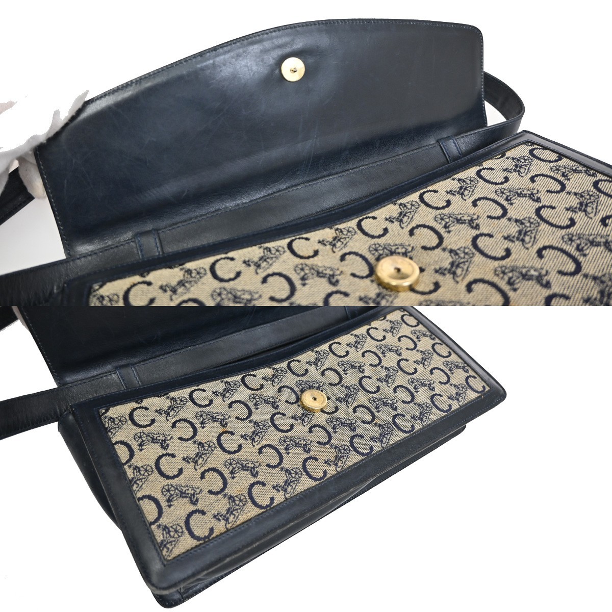 CELINE Logo C Macadam Horse Carriage Shoulder Bag Canvas Leather Blue 68KP174