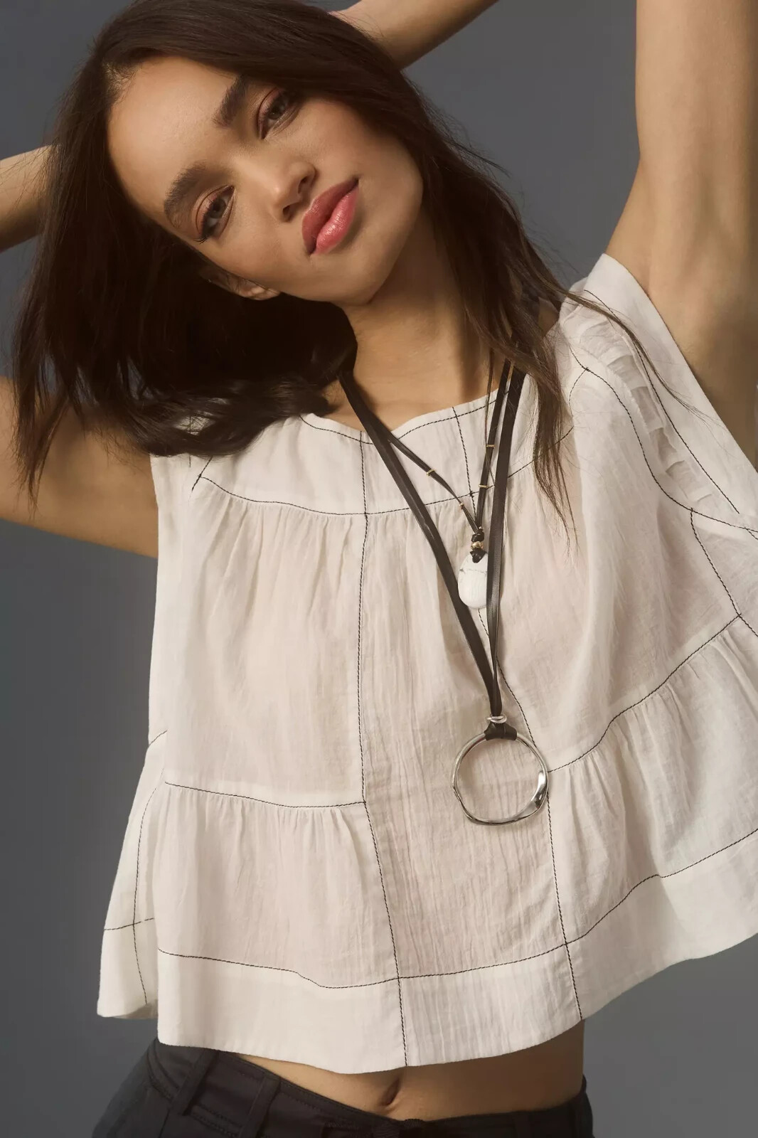 Anthropologie Cap-Sleeve Babydoll Blouse M 8 Sheer White Cotton Crop Top 44597