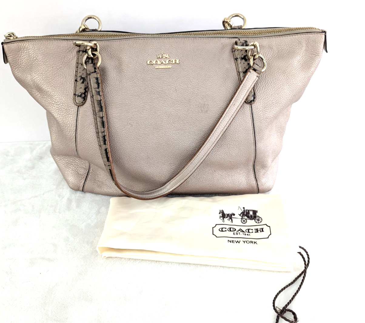 Coach Ava Large Tote Metallic Beige Pink Gold Leather Bag Exotic Trim Dust Cover