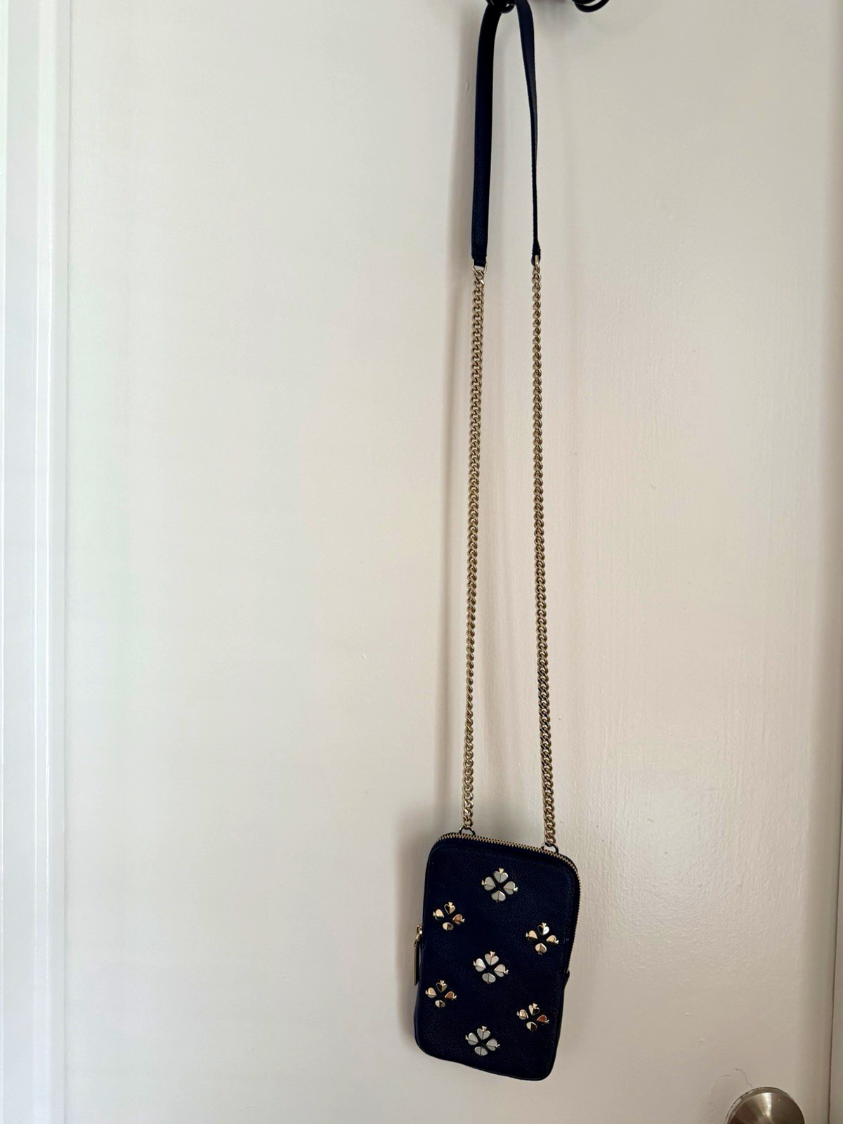 kate spade new york Blue Pebbled Zip Phone Crossbody Bag Gold Chain Card Pockets