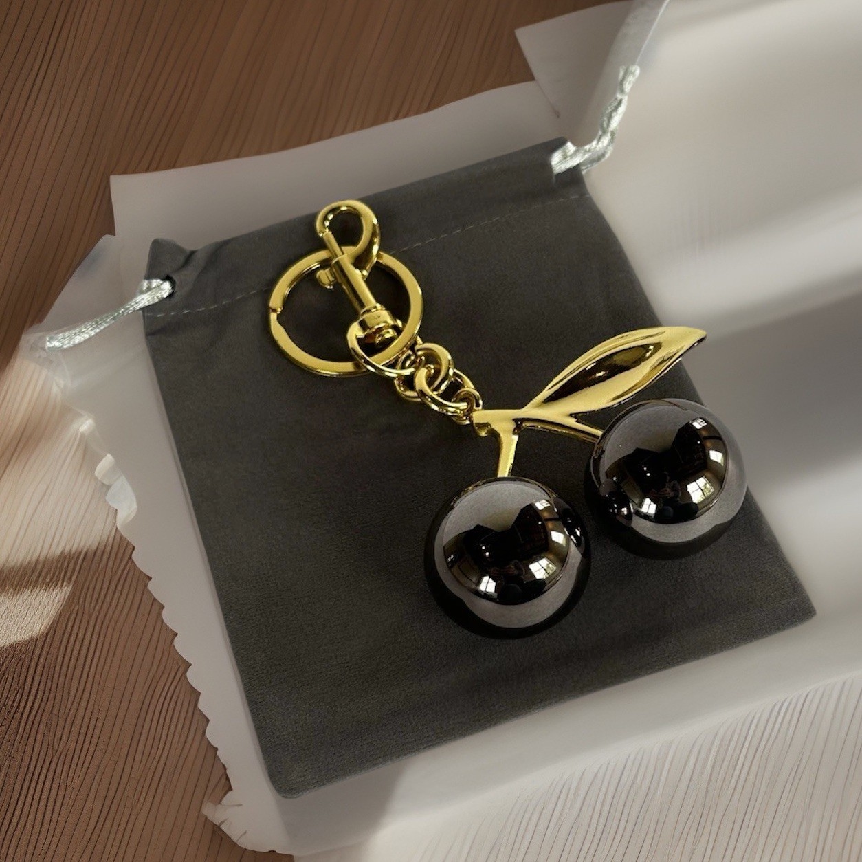 Mirrored Gunmetal Gray Cherry Bag Charm | GOLD Keychain+Premium Velvet Dust Bag