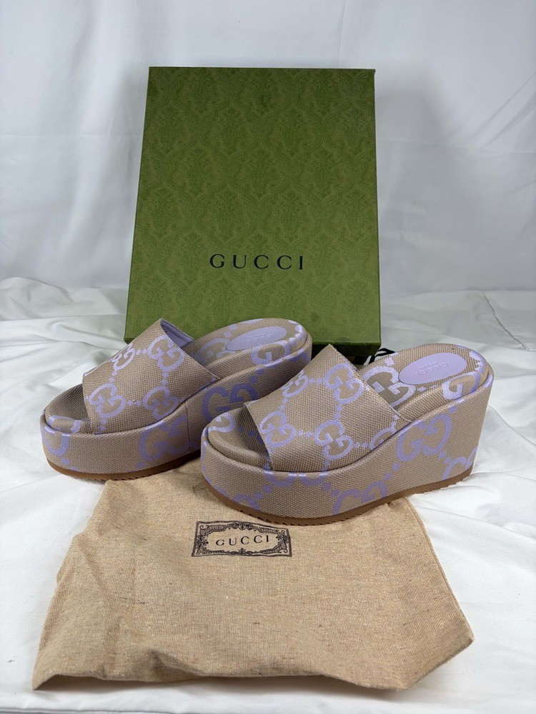 Gucci Jumbo Angelina GG Canvas 4” Platform Sandals US Size 10.5 SPB JA-369500