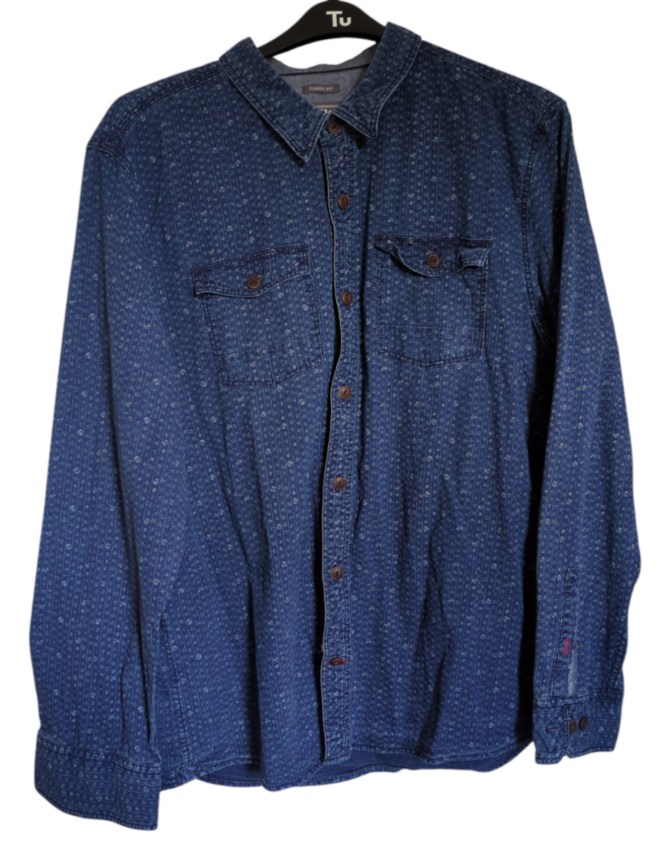 FatFace Mens Shirt XXL Blue Indigo Geometric Print Cotton Long Sleeve Classic Fi
