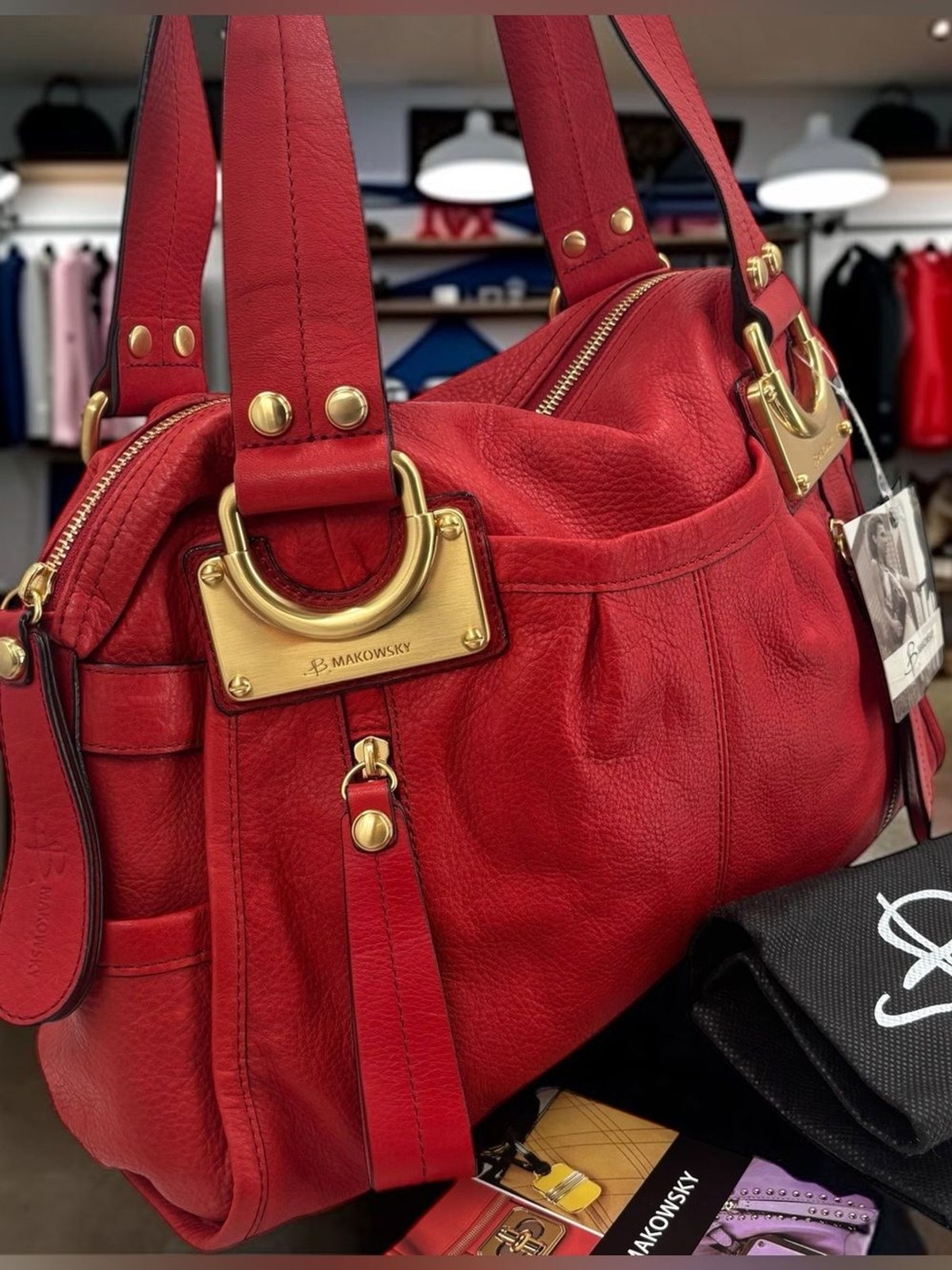 B. Makowsky Glove Leather East/West Zip Top Satchel/Hobo Bag Red NWT